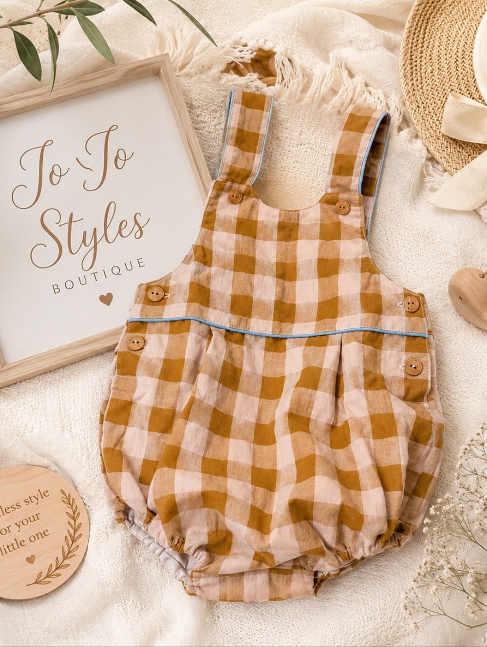 La Coqueta Marina Baby Romper Dungarees 18M Caramel Gingham NWT